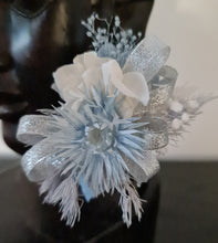 Load image into Gallery viewer, Soft blue & neutral preserved flowers silver bangle corsage – school formal / prom