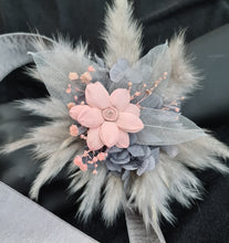 Load image into Gallery viewer, Super fluffy grey & blush pink everlasting flowers – school formal / prom corsage