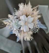 Load image into Gallery viewer, Soft blue grey & silver everlasting flowers school formal / prom / graduation corsage