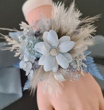 Load image into Gallery viewer, Soft blue grey & silver everlasting flowers school formal / prom / graduation corsage