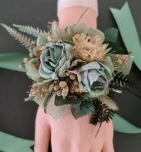 Load image into Gallery viewer, Antique gold & green everlasting flowers corsage – school formal, prom, wedding