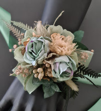 Load image into Gallery viewer, Antique gold & green everlasting flowers corsage – school formal, prom, wedding