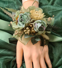 Load image into Gallery viewer, Antique gold & green everlasting flowers corsage – school formal, prom, wedding