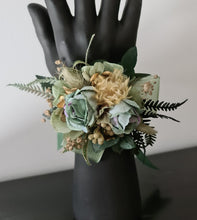 Load image into Gallery viewer, Antique gold & green everlasting flowers corsage – school formal, prom, wedding