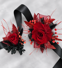 Load image into Gallery viewer, Burgundy & black preserved flowers corsage & buttonhole – school formal, prom, wedding