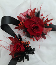 Load image into Gallery viewer, Burgundy & black preserved flowers corsage & buttonhole – school formal, prom, wedding