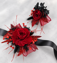 Load image into Gallery viewer, Burgundy & black preserved flowers corsage & buttonhole – school formal, prom, wedding