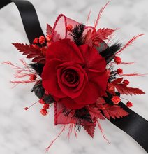 Load image into Gallery viewer, Burgundy & black preserved flowers corsage & buttonhole – school formal, prom, wedding