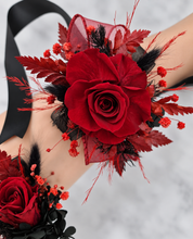 Load image into Gallery viewer, Burgundy & black preserved flowers corsage & buttonhole – school formal, prom, wedding