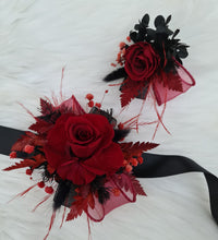 Load image into Gallery viewer, Burgundy & black preserved flowers corsage & buttonhole – school formal, prom, wedding