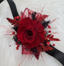 Load image into Gallery viewer, Burgundy & black preserved flowers corsage & buttonhole – school formal, prom, wedding
