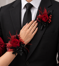 Load image into Gallery viewer, Burgundy & black preserved flowers corsage & buttonhole – school formal, prom, wedding