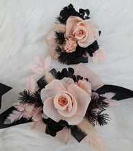 Load image into Gallery viewer, Blush pink & black preserved flowers corsage & buttonhole – school formal, prom, wedding