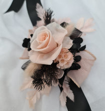 Load image into Gallery viewer, Blush pink & black preserved flowers corsage & buttonhole – school formal, prom, wedding