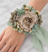 Load image into Gallery viewer, Unique sage green & sand colours everlasting flowers corsage – school formal, prom, wedding