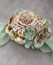 Load image into Gallery viewer, Unique sage green & sand colours everlasting flowers corsage – school formal, prom, wedding