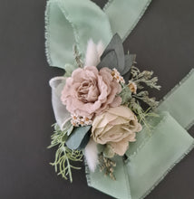 Load image into Gallery viewer, Green, sage green sand colours everlasting flowers corsage – school formal, prom, wedding