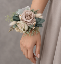 Load image into Gallery viewer, Green, sage green sand colours everlasting flowers corsage – school formal, prom, wedding