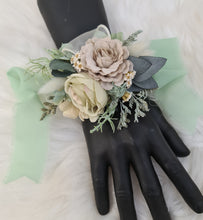 Load image into Gallery viewer, Green, sage green sand colours everlasting flowers corsage – school formal, prom, wedding