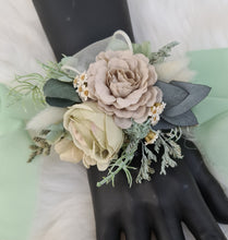 Load image into Gallery viewer, Green, sage green sand colours everlasting flowers corsage – school formal, prom, wedding