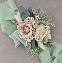 Load image into Gallery viewer, Green, sage green sand colours everlasting flowers corsage – school formal, prom, wedding