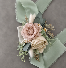 Load image into Gallery viewer, Green, sage green sand colours everlasting flowers corsage – school formal, prom, wedding