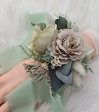 Load image into Gallery viewer, Green, sage green sand colours everlasting flowers corsage – school formal, prom, wedding