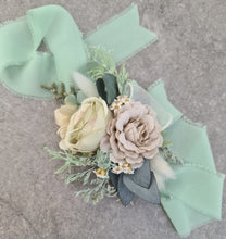 Load image into Gallery viewer, Green, sage green sand colours everlasting flowers corsage – school formal, prom, wedding