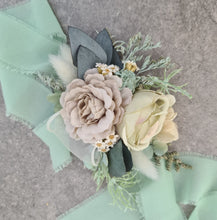 Load image into Gallery viewer, Green, sage green sand colours everlasting flowers corsage – school formal, prom, wedding