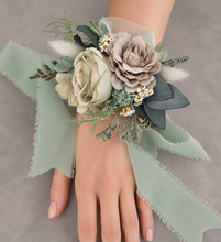 Load image into Gallery viewer, Green, sage green sand colours everlasting flowers corsage – school formal, prom, wedding