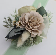 Load image into Gallery viewer, Green, sage green sand colours everlasting flowers corsage – school formal, prom, wedding