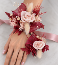 Load image into Gallery viewer, Blush pink & burgundy preserved flowers corsage & buttonhole – school formal, prom, wedding