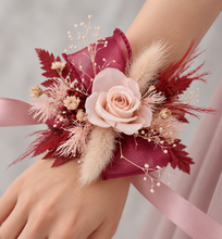 Load image into Gallery viewer, Blush pink & burgundy preserved flowers corsage & buttonhole – school formal, prom, wedding