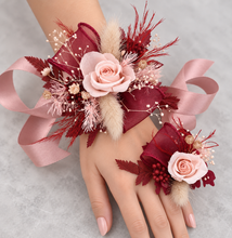 Load image into Gallery viewer, Blush pink & burgundy preserved flowers corsage & buttonhole – school formal, prom, wedding