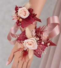 Load image into Gallery viewer, Blush pink & burgundy preserved flowers corsage & buttonhole – school formal, prom, wedding