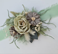 Load image into Gallery viewer, Sand & sage green everlasting flowers corsage – school formal, prom, wedding