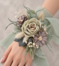 Load image into Gallery viewer, Sand & sage green everlasting flowers corsage – school formal, prom, wedding