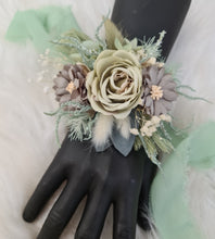 Load image into Gallery viewer, Sand & sage green everlasting flowers corsage – school formal, prom, wedding