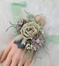Load image into Gallery viewer, Sand & sage green everlasting flowers corsage – school formal, prom, wedding