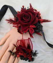 Load image into Gallery viewer, Burgundy & black w gold glitter everlasting flowers corsage & buttonhole – school formal, prom, wedding