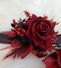 Load image into Gallery viewer, Burgundy & black w gold glitter everlasting flowers corsage & buttonhole – school formal, prom, wedding