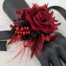 Load image into Gallery viewer, Burgundy & black w gold glitter everlasting flowers corsage & buttonhole – school formal, prom, wedding