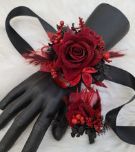 Load image into Gallery viewer, Burgundy & black w gold glitter everlasting flowers corsage & buttonhole – school formal, prom, wedding