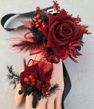 Load image into Gallery viewer, Burgundy & black w gold glitter everlasting flowers corsage & buttonhole – school formal, prom, wedding