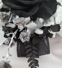 Load image into Gallery viewer, Preserved black rose & silver corsage – school formal, prom, graduation