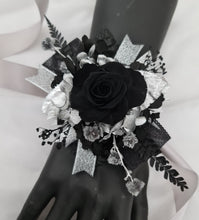 Load image into Gallery viewer, Preserved black rose & silver corsage – school formal, prom, graduation