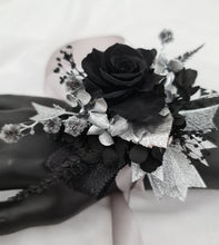 Load image into Gallery viewer, Preserved black rose & silver corsage – school formal, prom, graduation