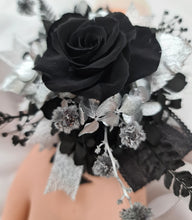 Load image into Gallery viewer, Preserved black rose & silver corsage – school formal, prom, graduation