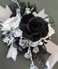 Load image into Gallery viewer, Preserved black rose & silver corsage – school formal, prom, graduation