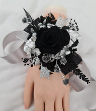 Load image into Gallery viewer, Preserved black rose & silver corsage – school formal, prom, graduation